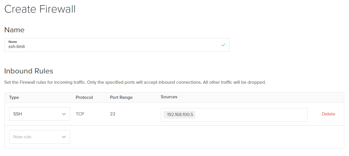 Форма создания Cloud Firewall: имя и входящее правило SSH ограничено по IP