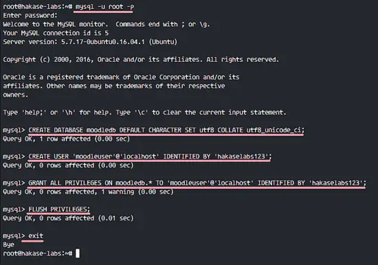 Создание БД и пользователя для Moodle