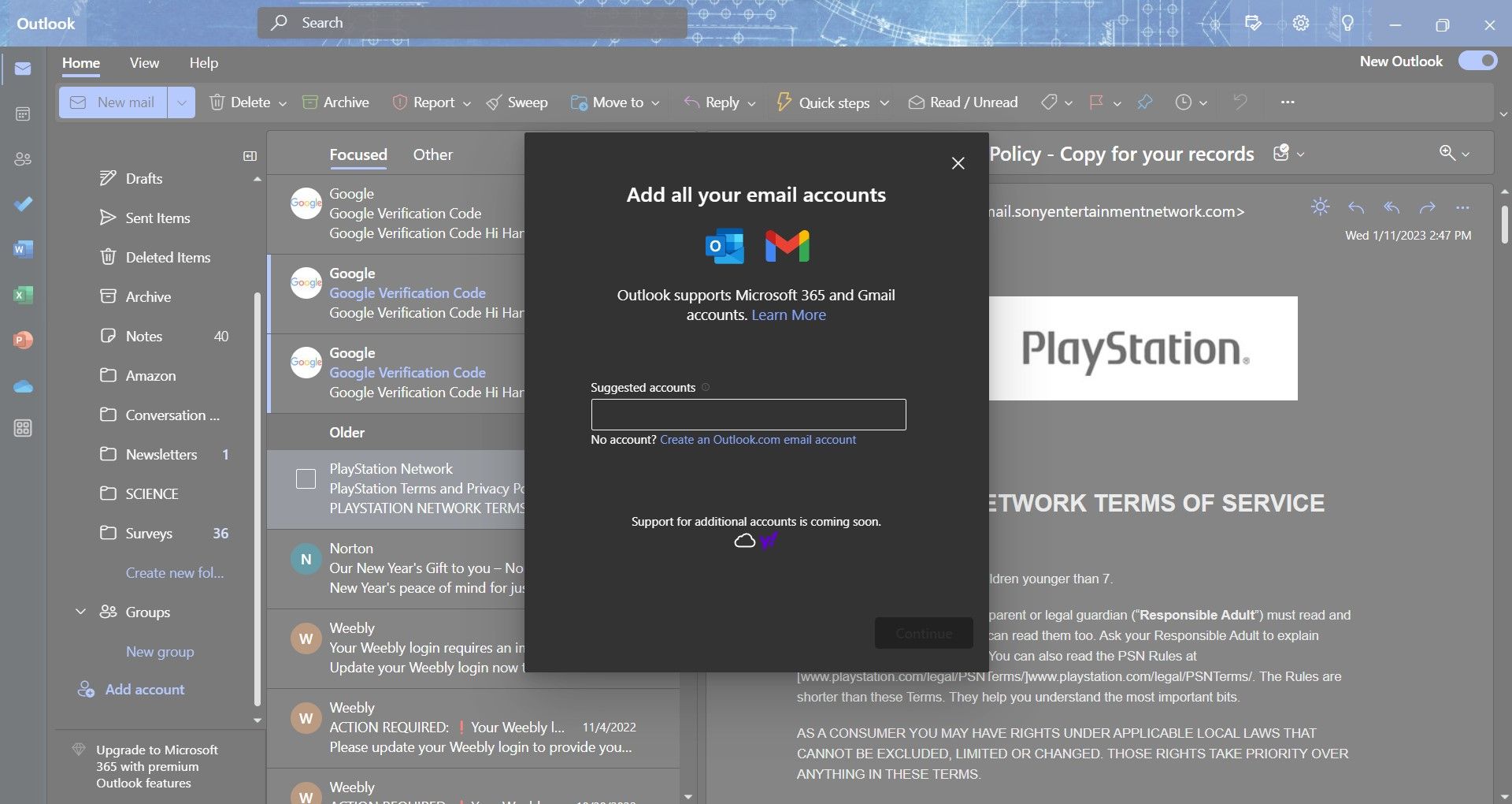 поле аккаунта outlook preview