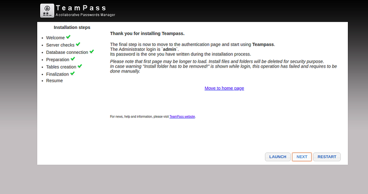 Завершение установки TeamPass