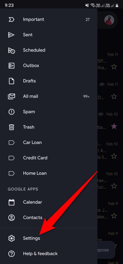 Меню настроек в мобильном приложении Gmail