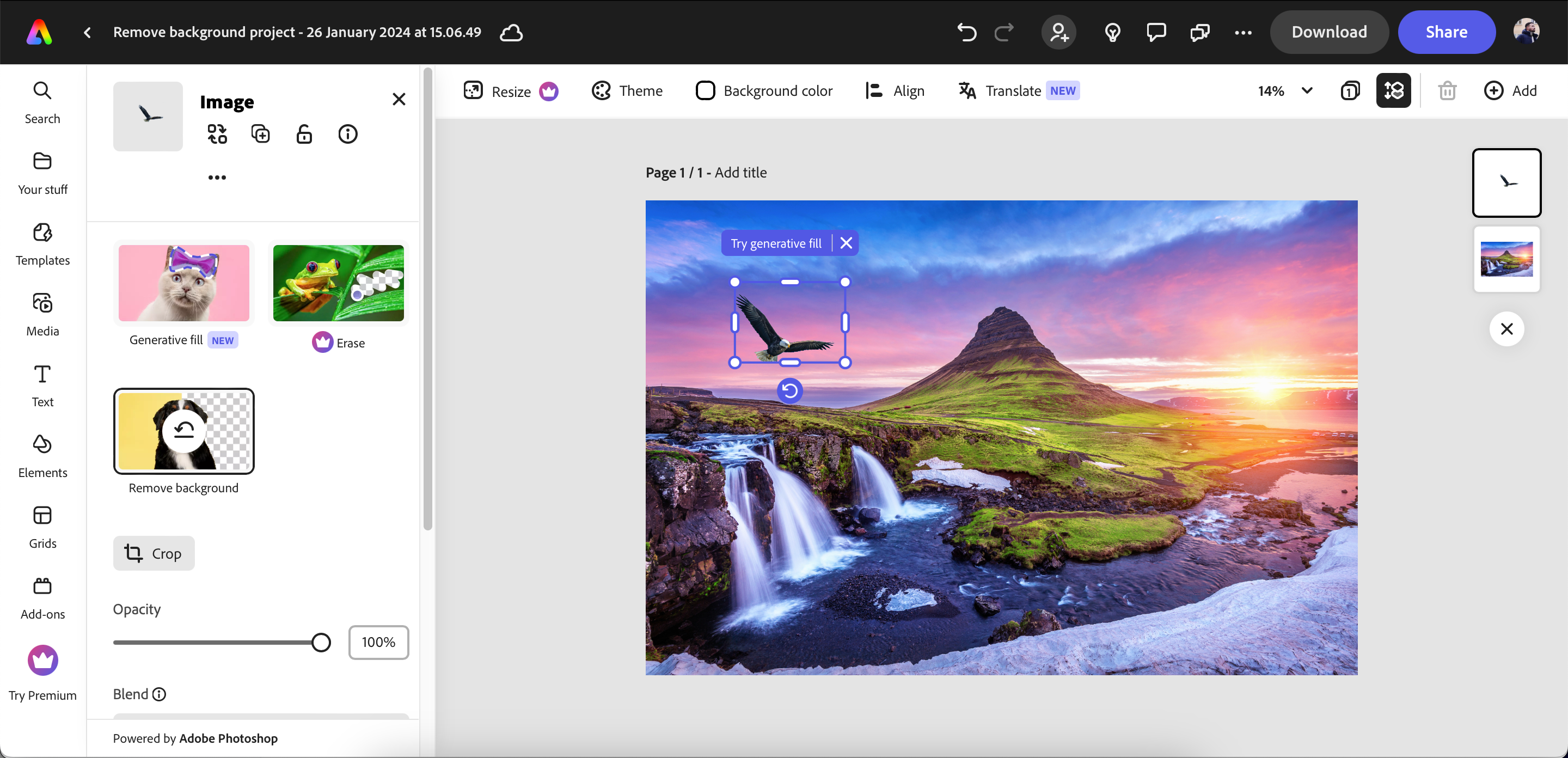 Изображение с удалённым фоном в приложении Adobe Express