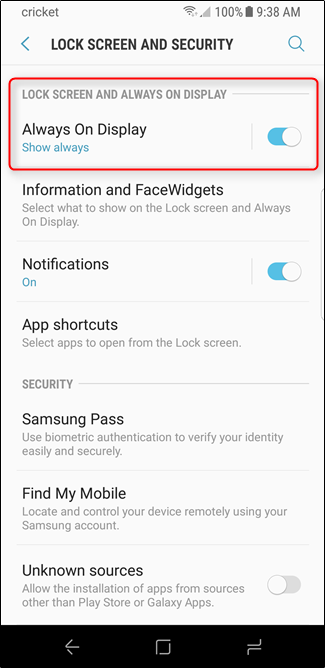 Скриншот: переключатель Always-On Display в настройках Samsung