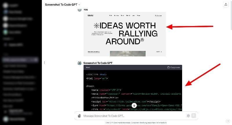 Скриншот дизайна и автоматически сгенерированный код страницы