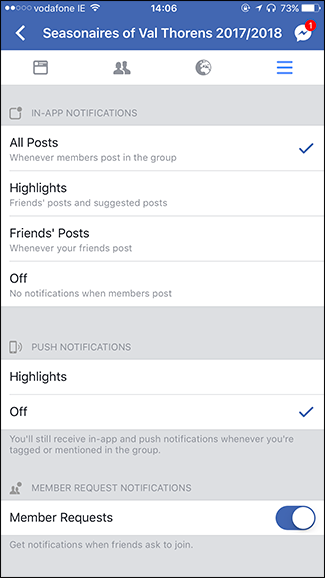экран выбора типа уведомлений в мобильном приложении Facebook