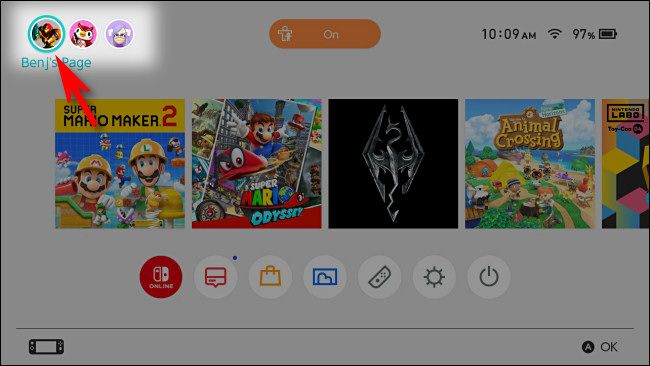 Экран профиля Switch с выделенной опцией User Settings.