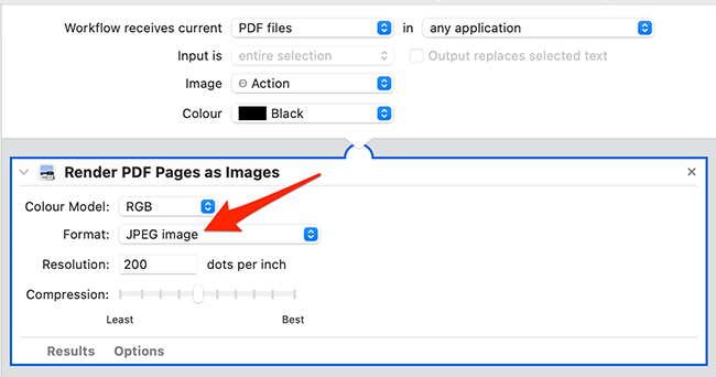 Настройка параметров формата и качества для рендеринга страниц в Automator
