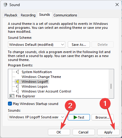 Применение выбранного звука завершения работы