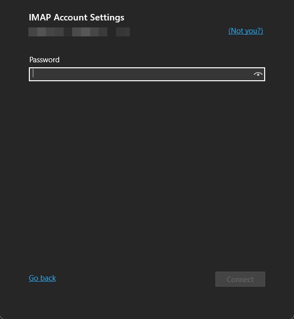 Entering the app-specific password in Outlook app for Windows. 