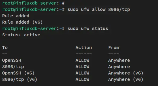 UFW: статус с OpenSSH и портом 8086