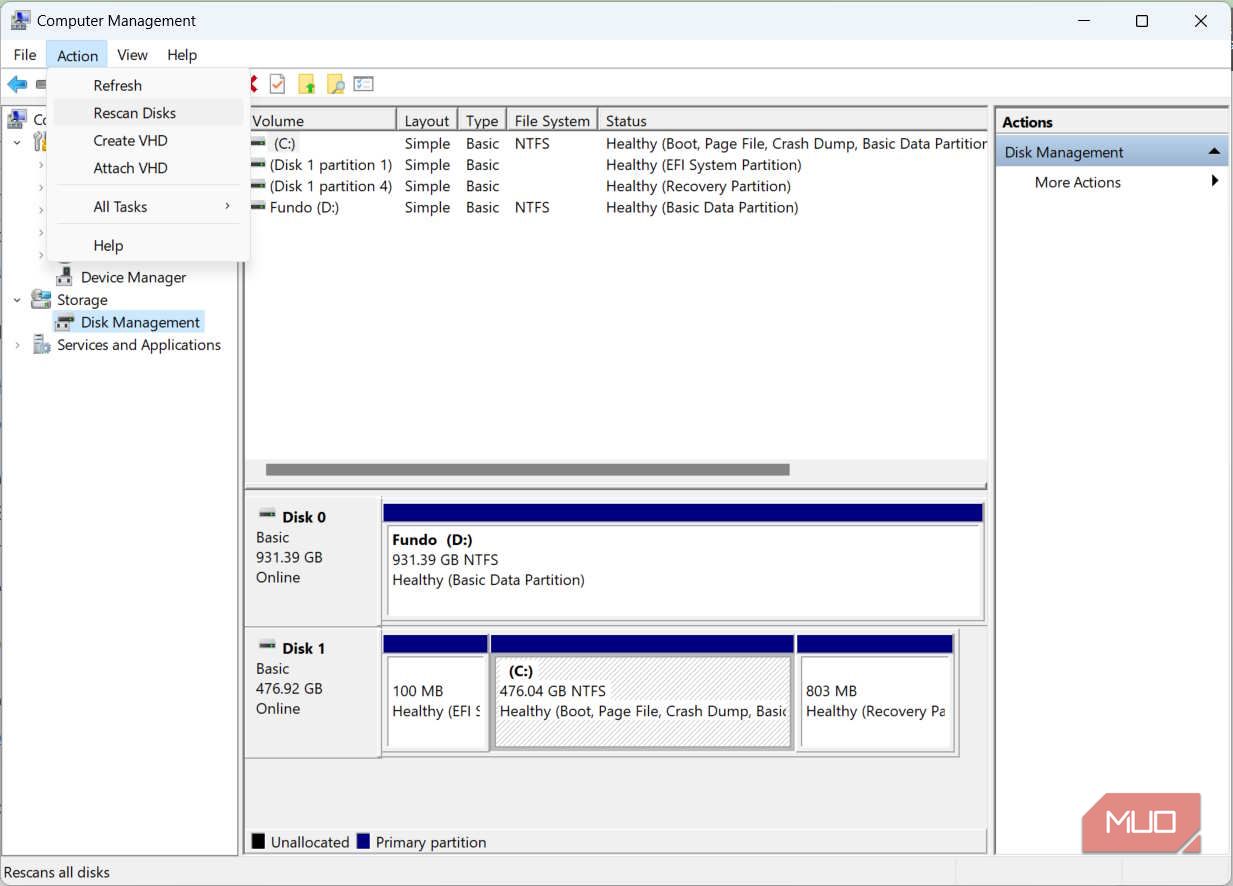 rescaning disks in Computer Management on Windows