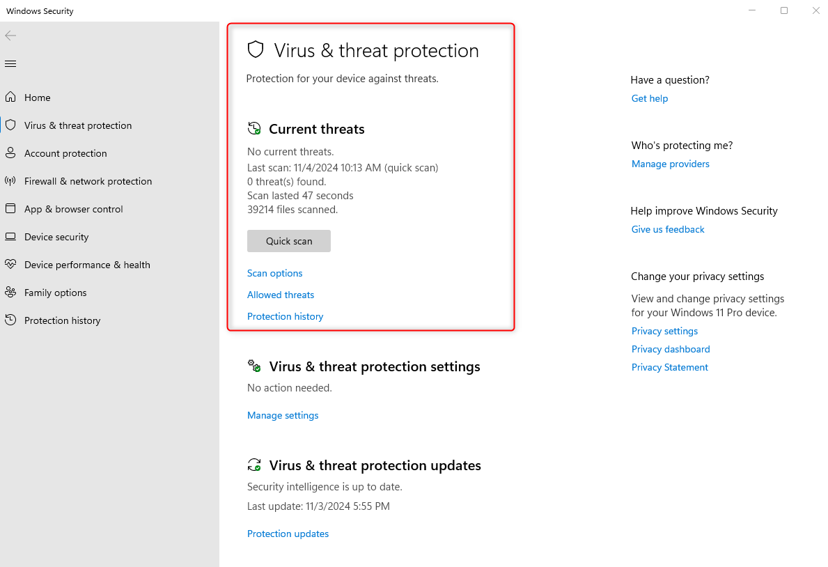 Статус антивируса в Windows Security: защита и информация о последнем сканировании.