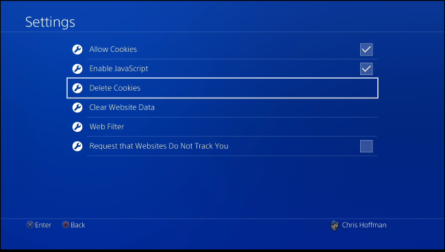 Опции удаления куки и данных сайтов в браузере PS4
