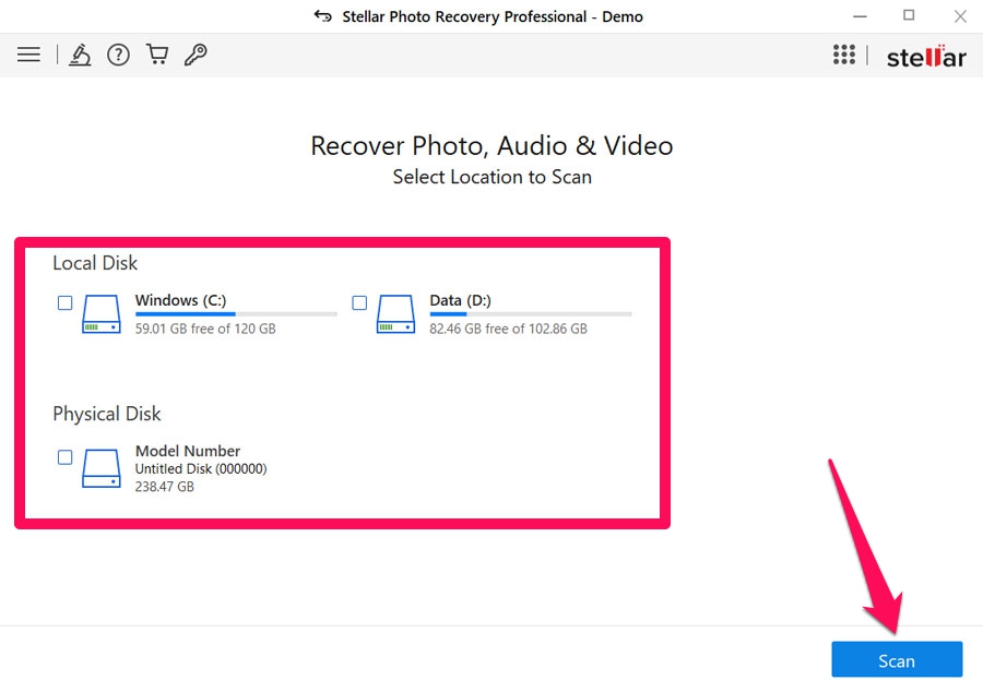 Выбор диска и запуск сканирования