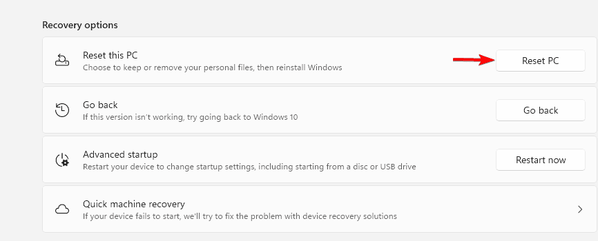 кнопка сброса в приложении Параметры