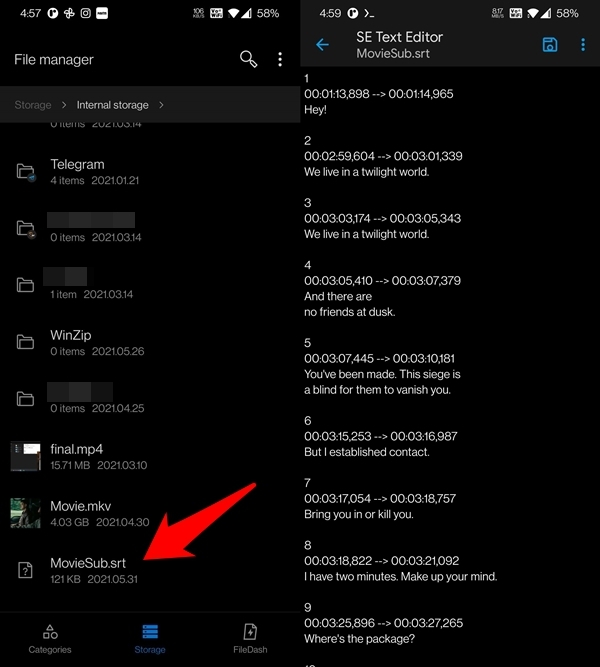 Открытие извлечённого SRT файла в текстовом редакторе на Android