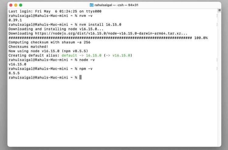 Проверка версии Node и npm на macOS