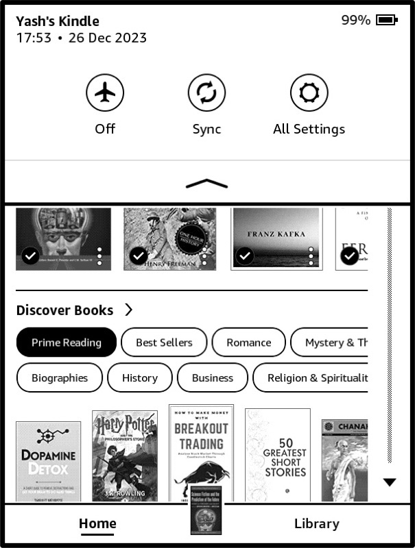 Панель быстрых действий на Kindle
