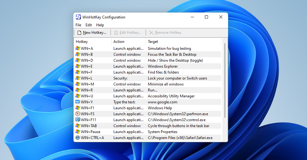 Окно конфигурации WinHotKey с кнопкой New Hotkey