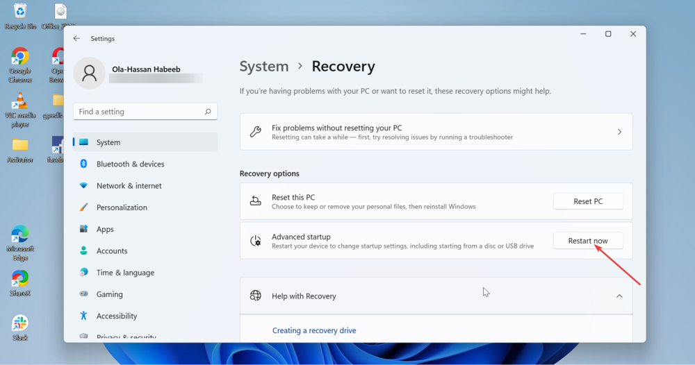 Кнопка перезапуска для расширенных вариантов загрузки