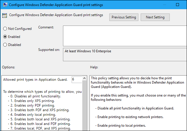 Параметры печати для Application Guard