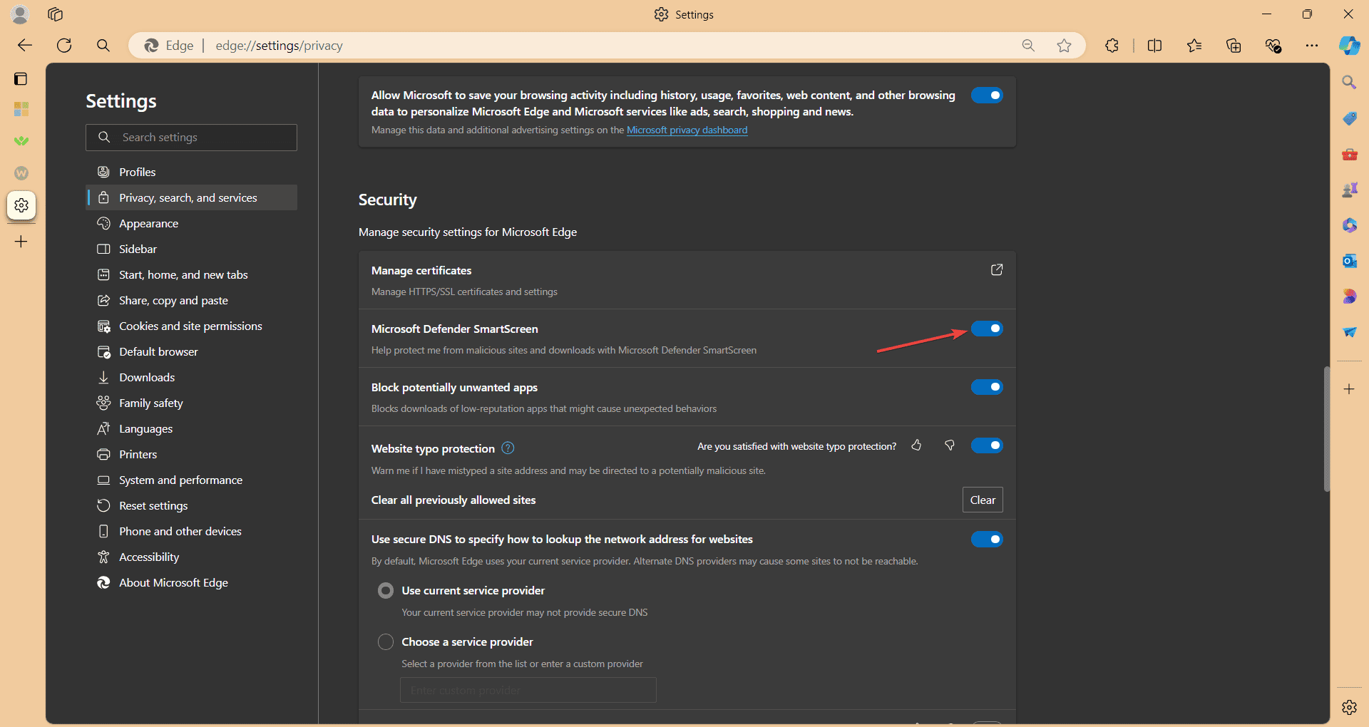 Переключатель Microsoft Defender SmartScreen в настройках Edge