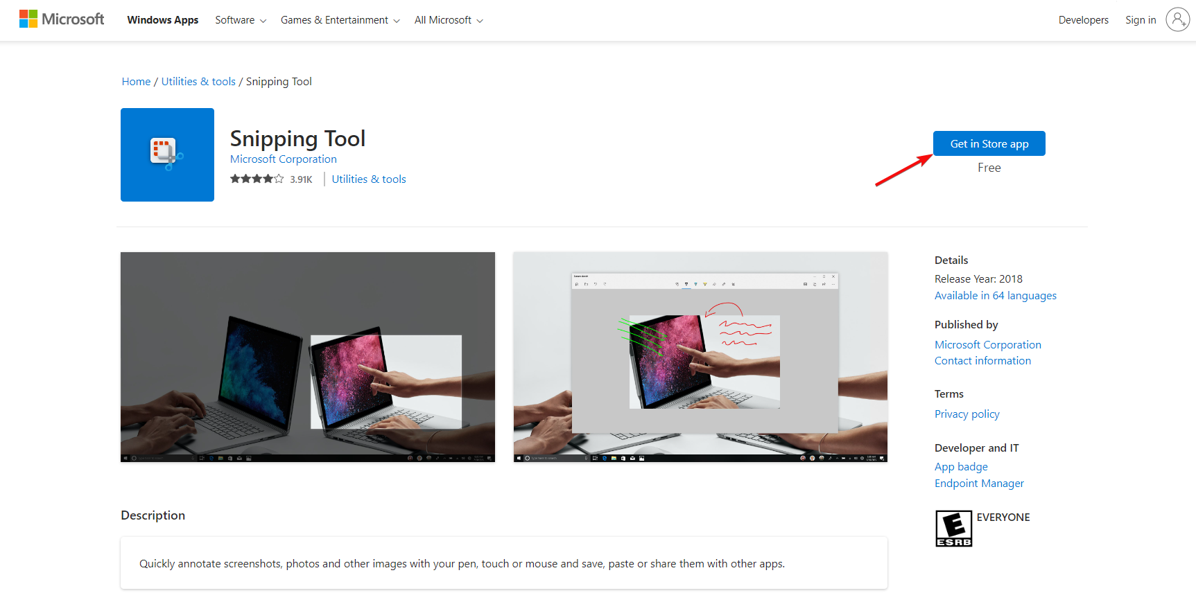 Кнопка Получить в Microsoft Store для Snipping Tool