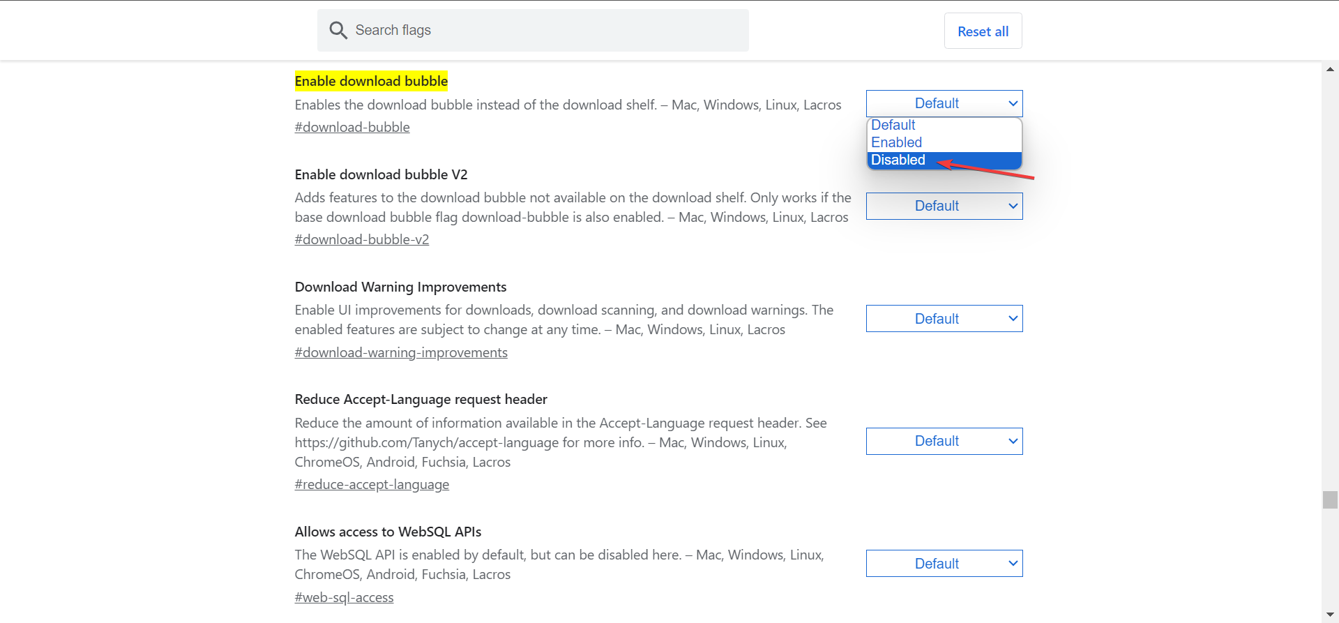 Установите Disabled (Отключено) для флага Enable download bubble