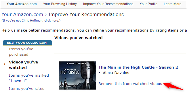 Пример управления опциями: удаление элемента, оценка звёздами и параметр не учитывать для рекомендаций