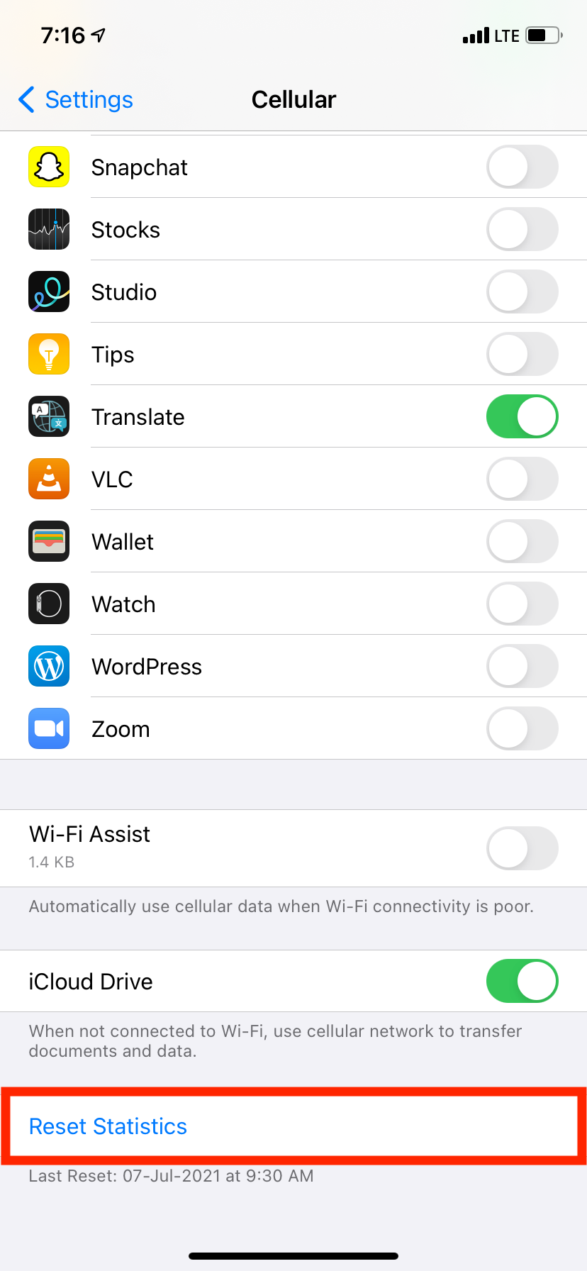 Кнопка Сбросить статистику в Настройках Сотовая связь
