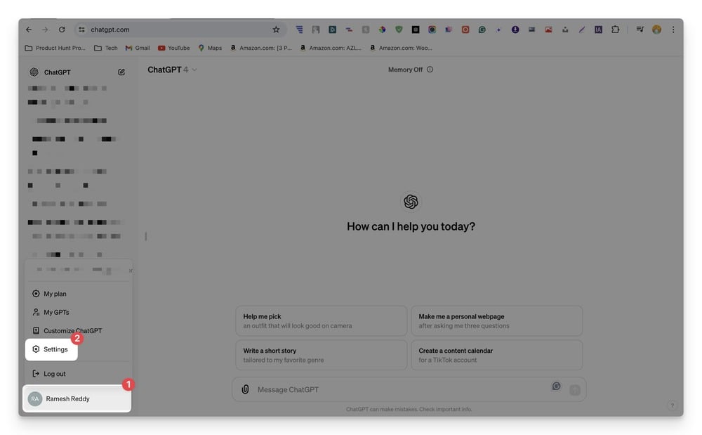 Меню аккаунта ChatGPT — настройки