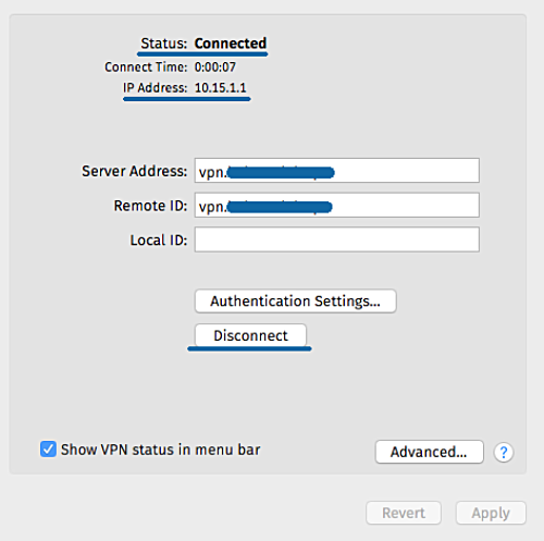 Подключение IKEv2 в macOS — статус Connected