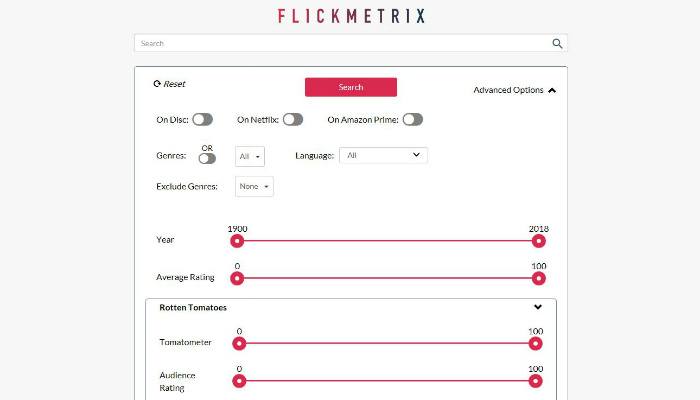 Экран с интерфейсом сервиса и фильтрами по жанрам, оценкам и стримингам