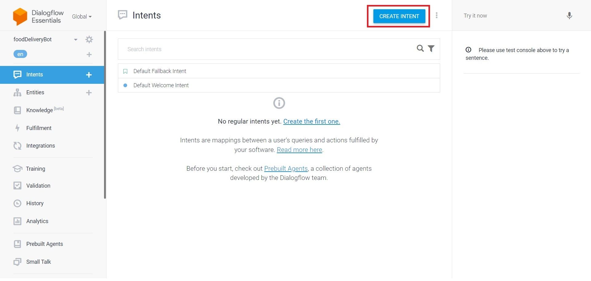 Create intent on Google Dialogflow
