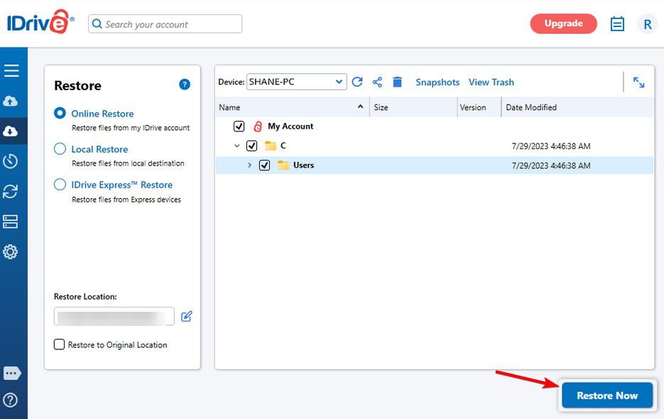 Scheda Ripristina dell'app desktop IDrive con opzione Ripristina ora