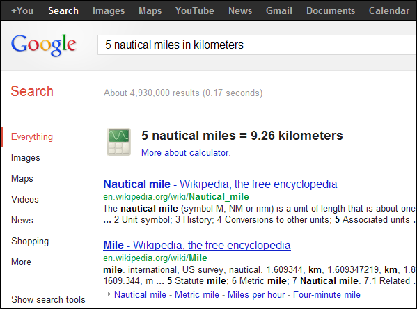 Скриншот: пример конвертации морских миль в километры