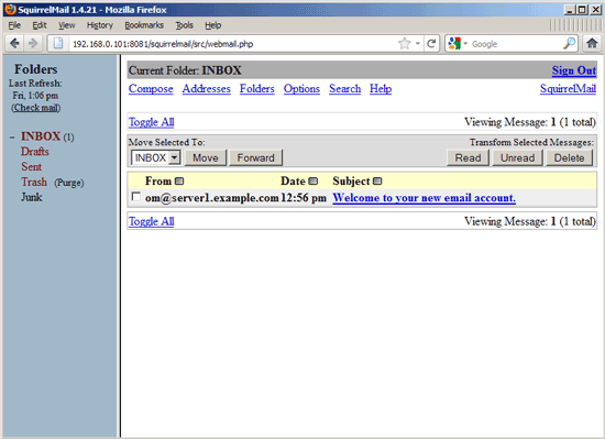 Список папок и писем на server2.example.com перед миграцией