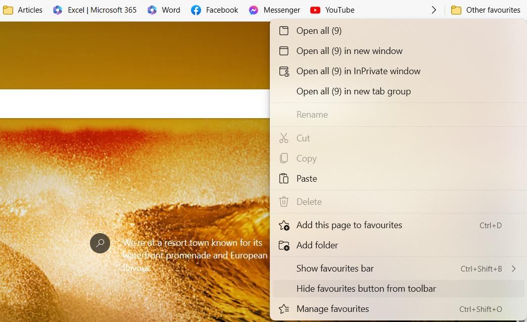 Панель закладок и параметры отображения в Edge