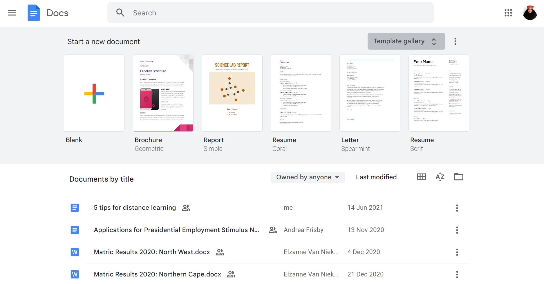 Главная страница Google Docs с иконками документов