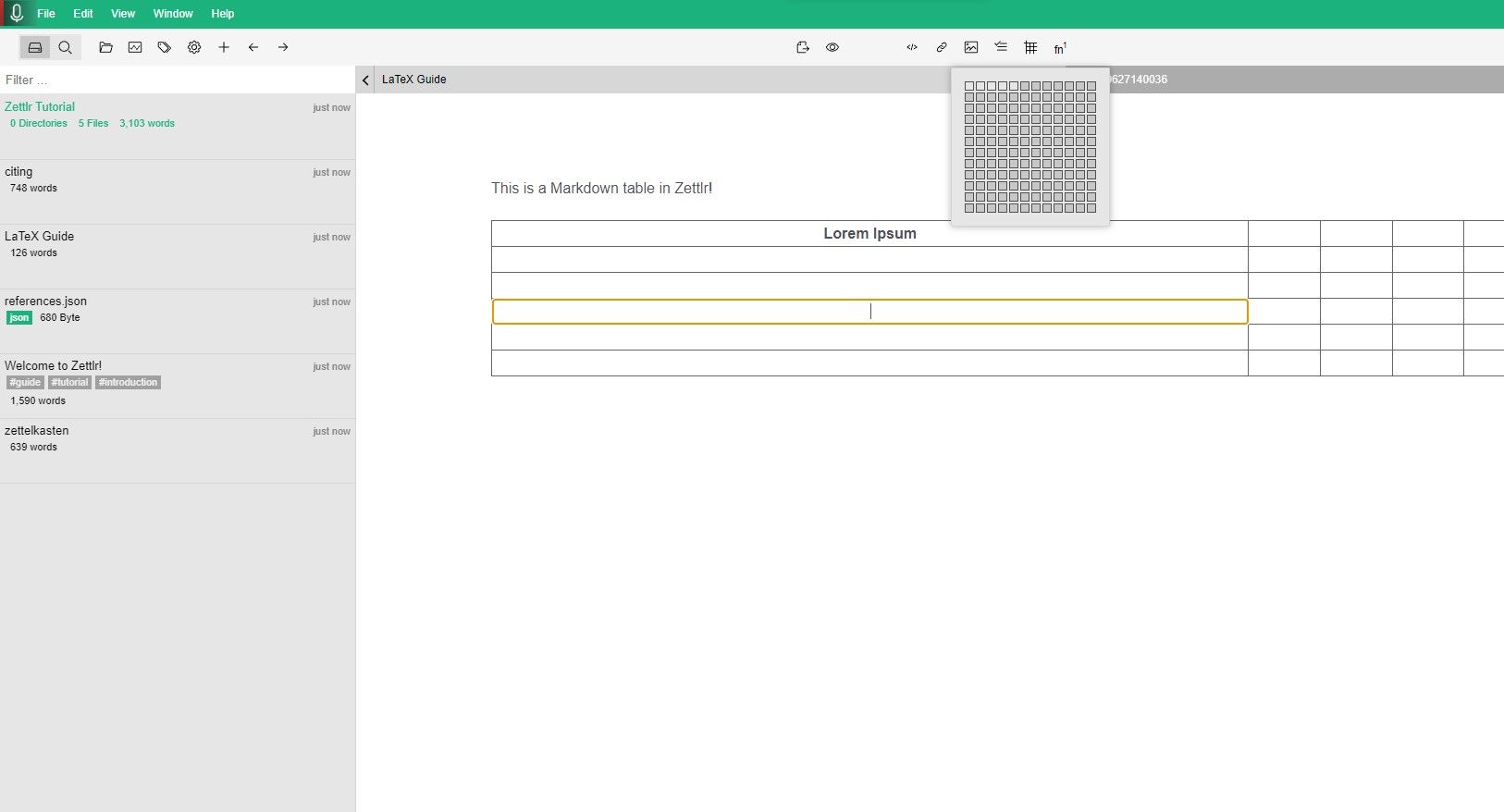 Редактор таблиц Zettlr со значками добавления строк