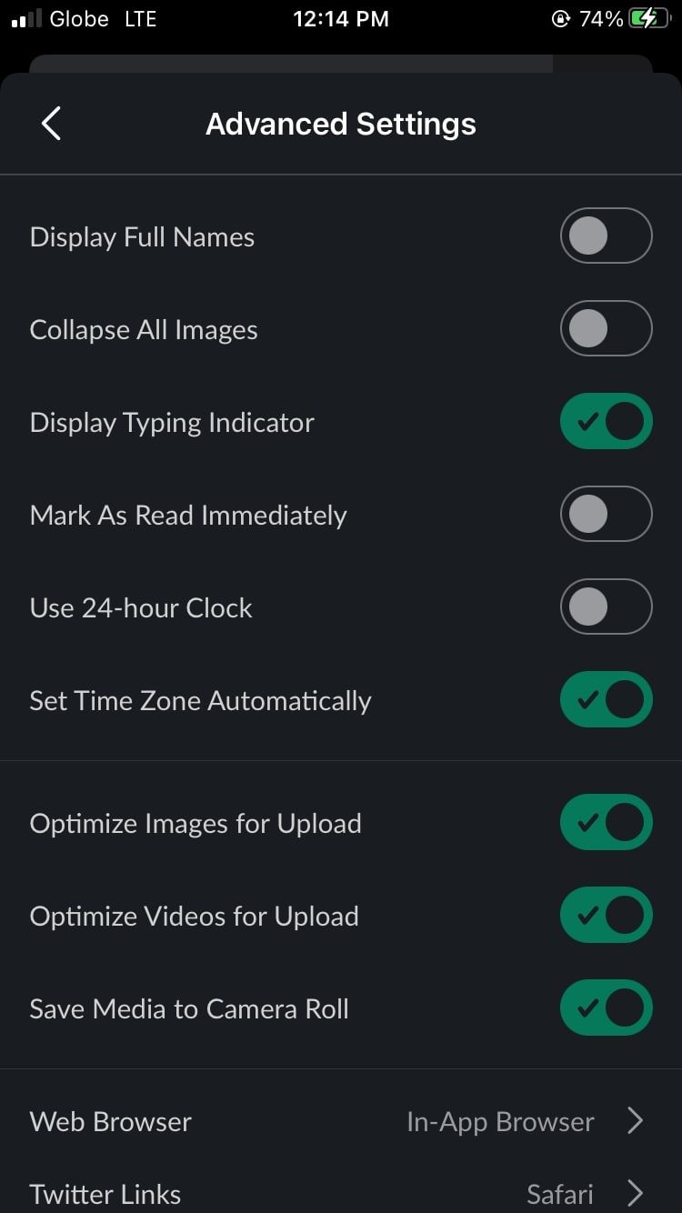 Опция отключения индикатора ввода в настройках Slack