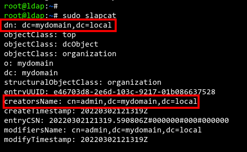 Вывод команды slapcat с конфигурацией домена mydomain.local