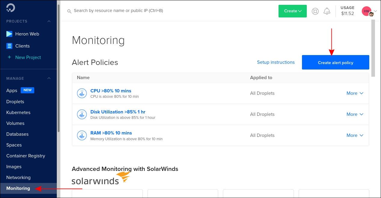 Скриншот экрана оповещений Monitoring в DigitalOcean