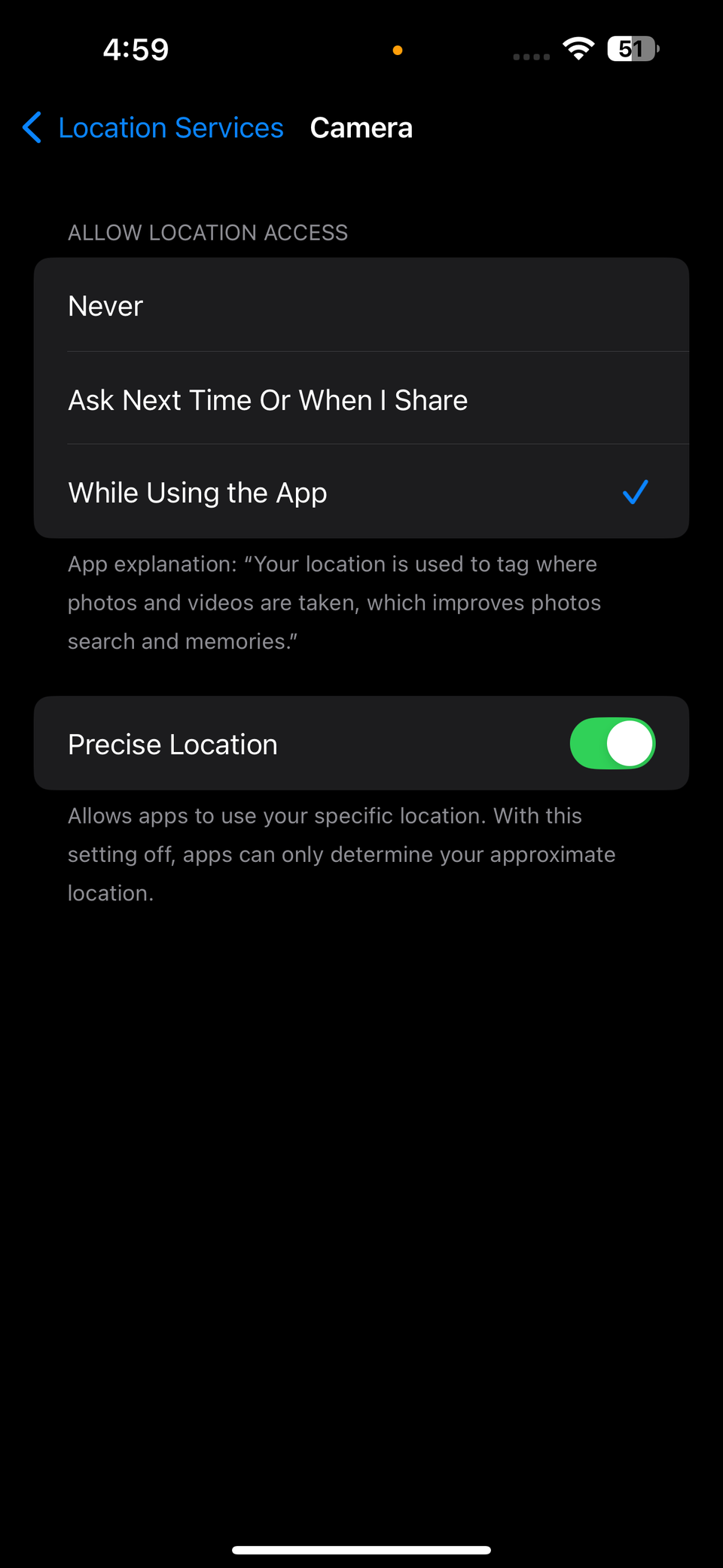 Доступ к геолокации для камеры на iPhone
