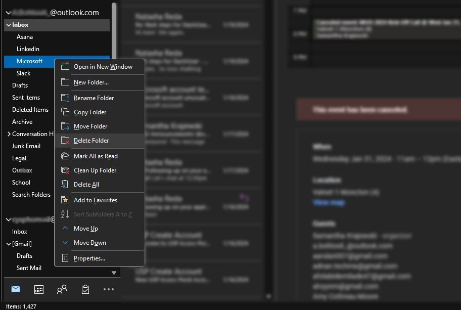 Удаление папки в Outlook для ПК