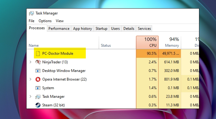 Окно диспетчера задач: высокая загрузка CPU от PC Doctor Module