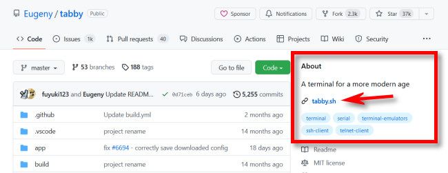Ссылка на сайт проекта в блоке «About»