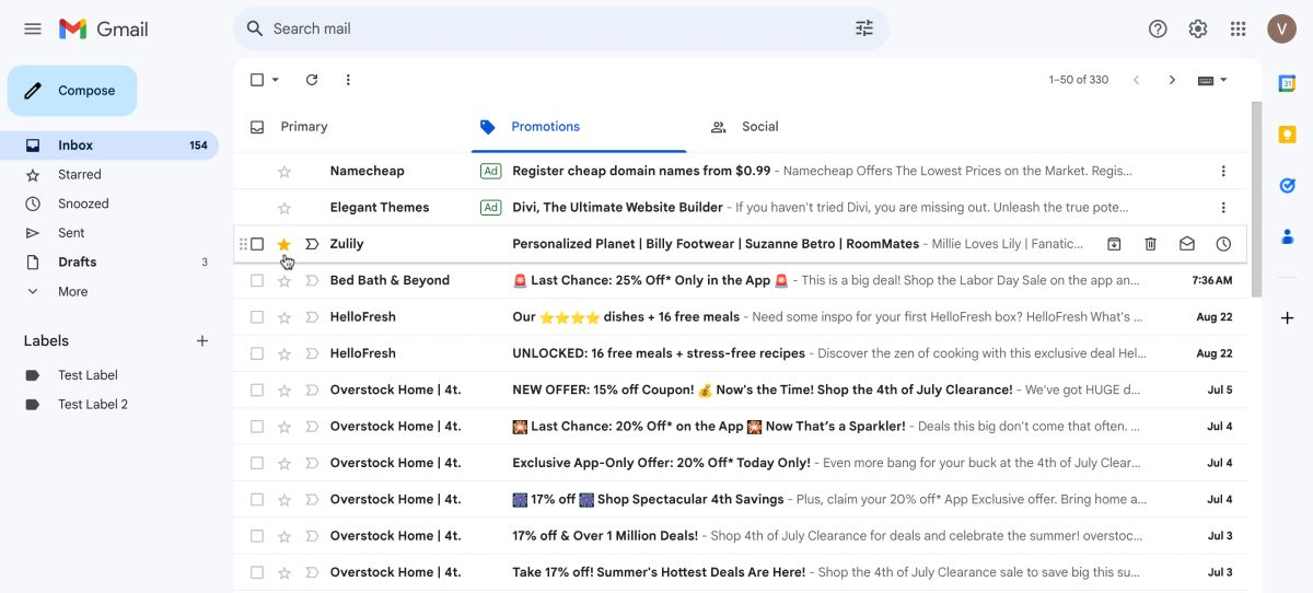 Письмо, отмеченное звёздой в Gmail
