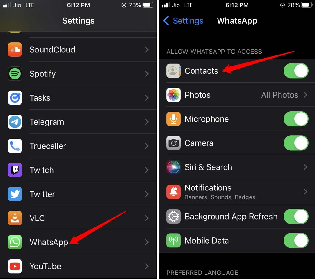 Включить доступ к контактам для WhatsApp