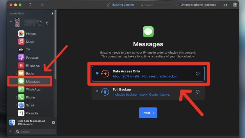 Выбор режима доступа к данным в iMazing